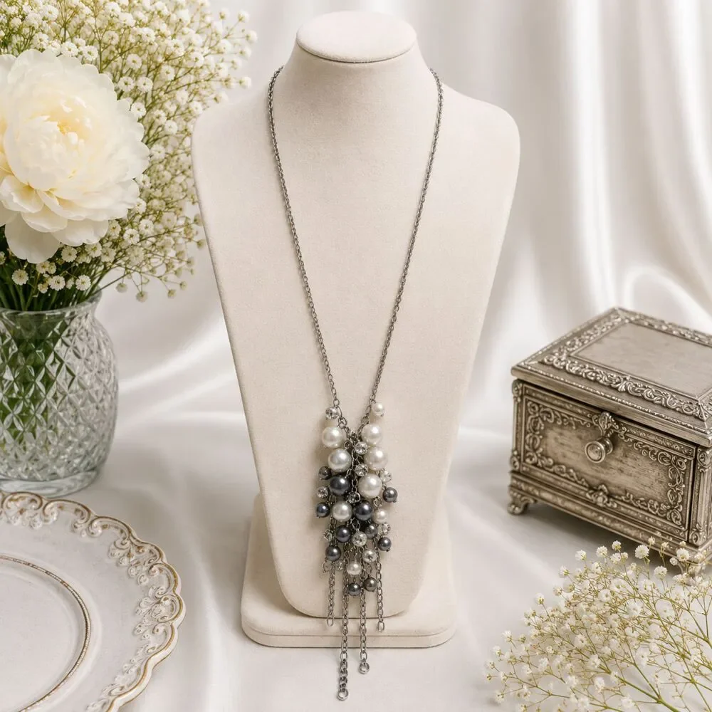 Silver Tone Pearl Rhinestone Tassel Necklace White Gray Pearls Long 28